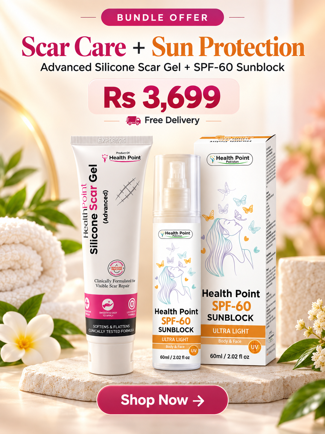 Health Point Scar & Sun Care Duo bundle with Advanced Silicone Scar Gel and SPF 60 Sunblock