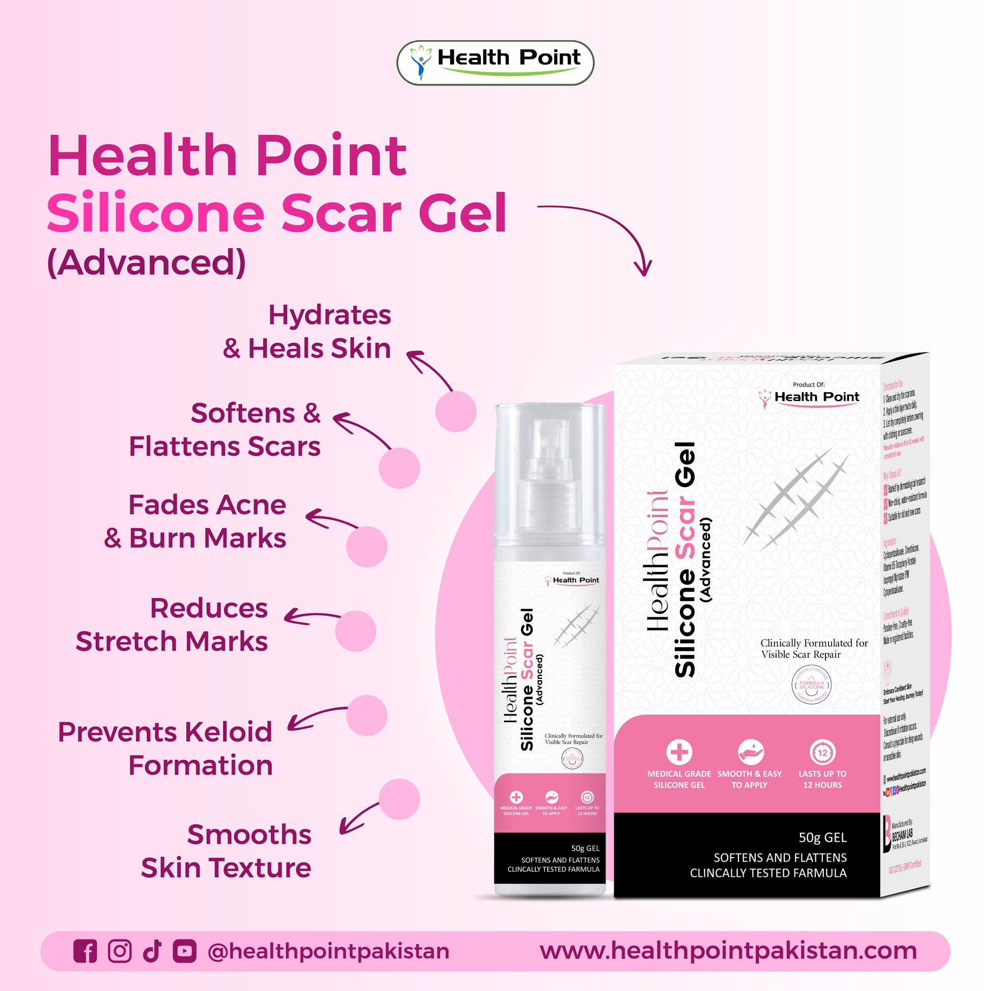 Health Point Silicone Scar Gel product with highlighted uses for flattening scars, healing skin and preventing keloid formation