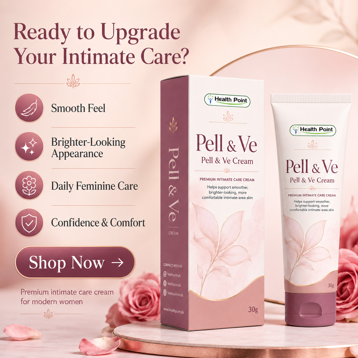 Shop now image for Pell and Ve Cream by Health Point Pakistan highlighting smooth feel brighter-looking appearance daily feminine care and confidence