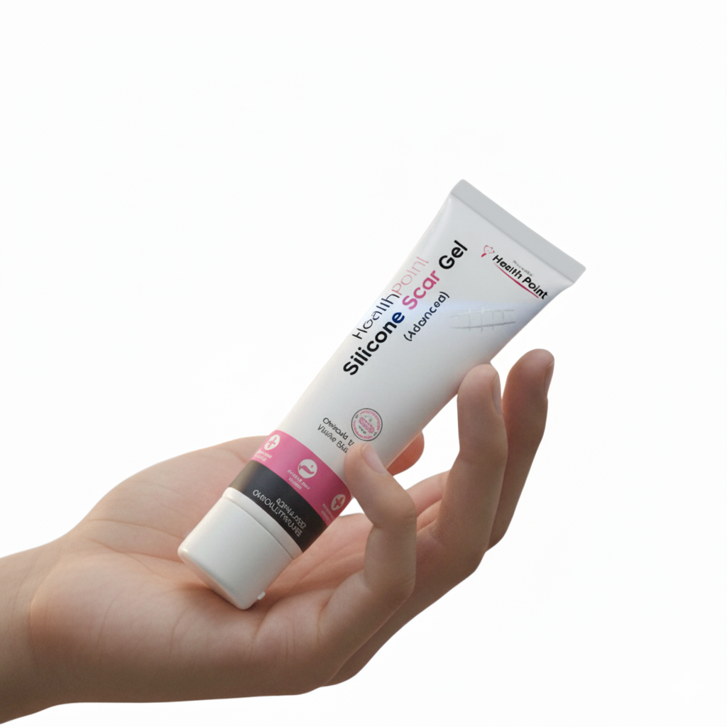 Health Point Silicone Scar Gel advanced tube held in hand for scar treatment