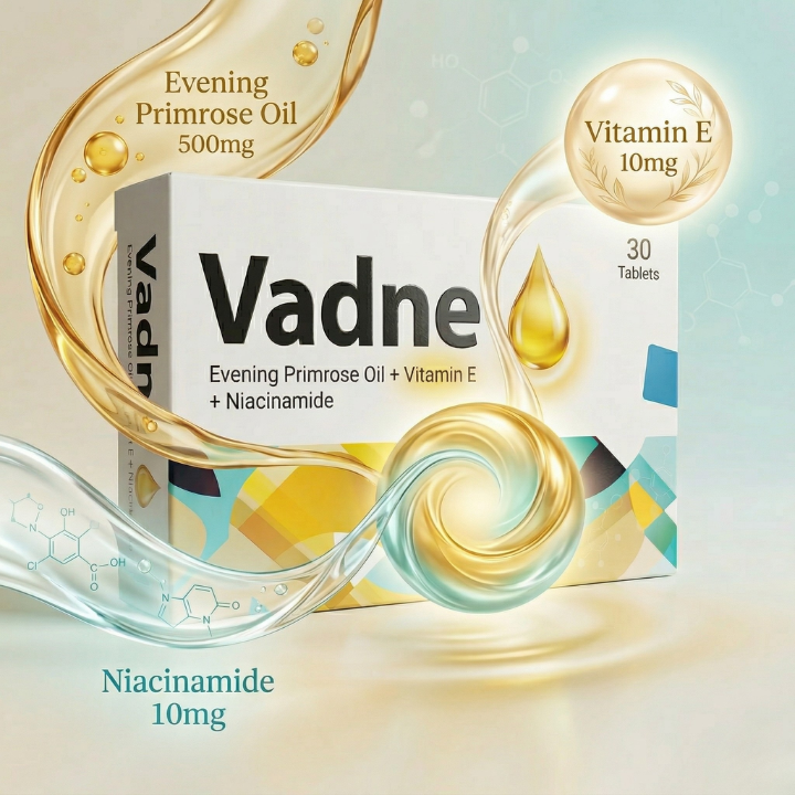 Vadne Tablets balanced formula image with Evening Primrose Oil Vitamin E and Niacinamide blend