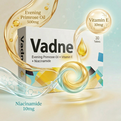 Vadne Tablets balanced formula image with Evening Primrose Oil Vitamin E and Niacinamide blend