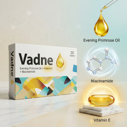 Vadne Tablets ingredient image showing Evening Primrose Oil 500mg Niacinamide 250mg and Vitamin E 10mg