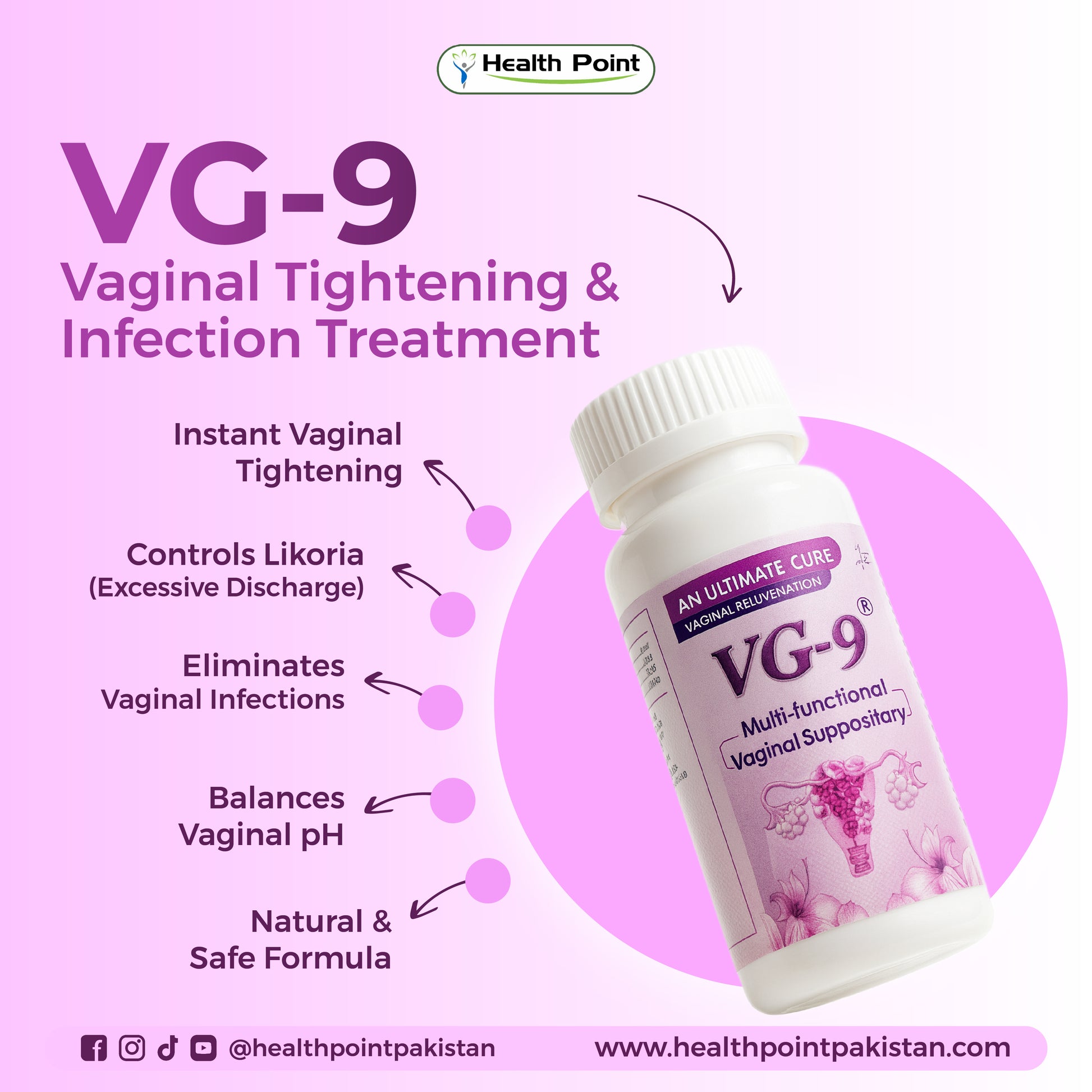 VG-9 vaginal suppository for instant tightening, infection relief, pH balance and discharge control